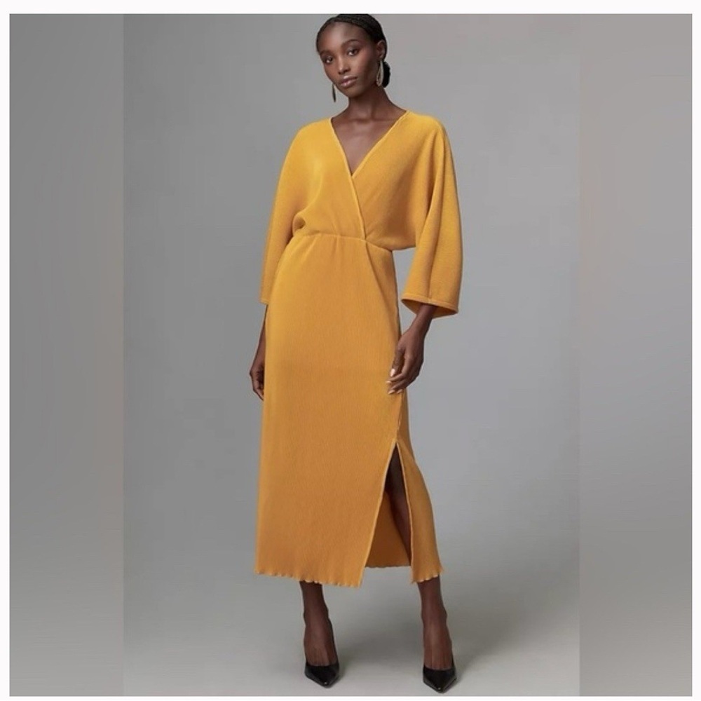 By Anthropologie Plisse V-Neck Wrap Midi Dress Medium Mustard